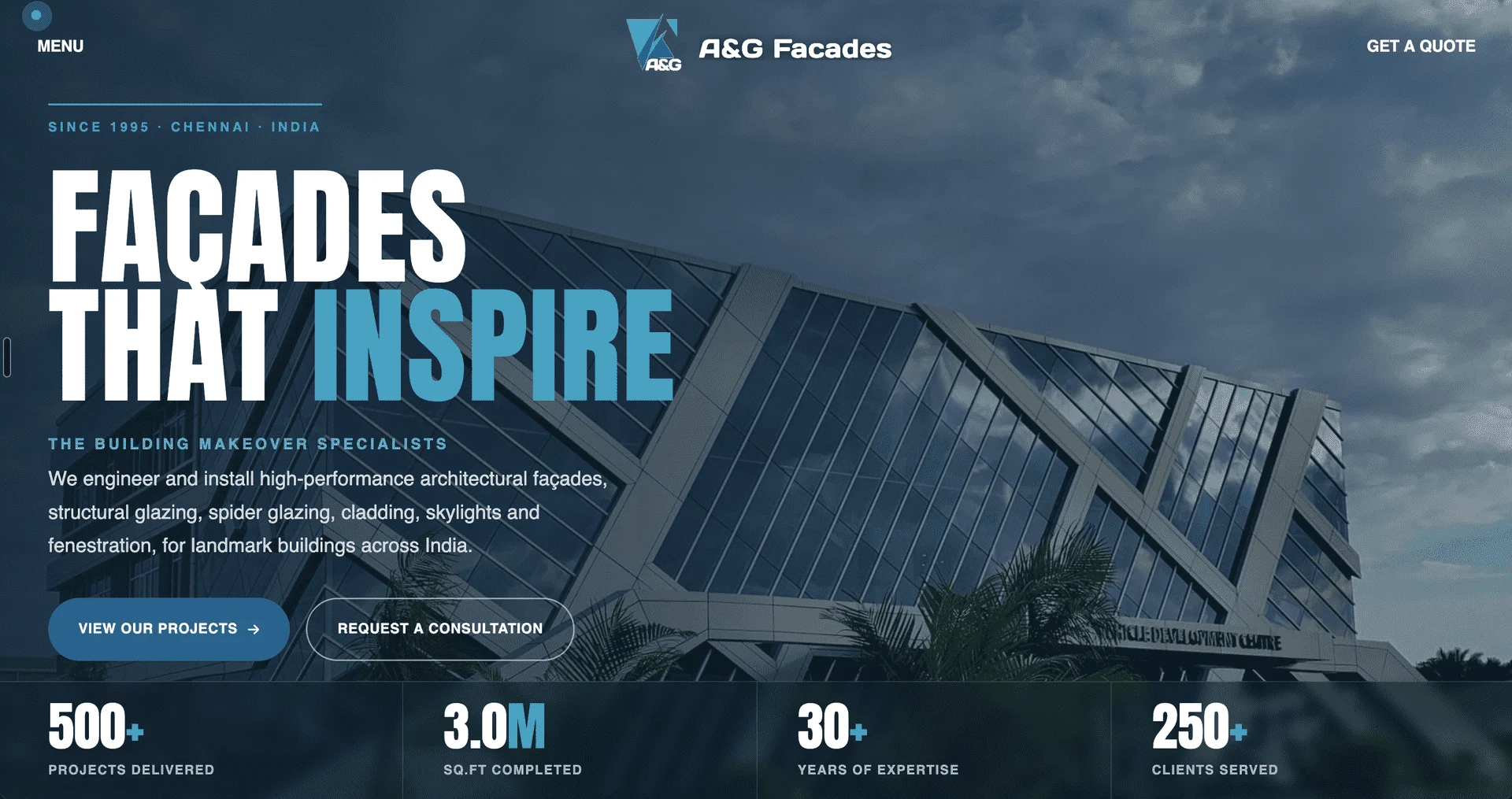 A&G Facades homepage with a glass building photograph, the headline “Façades That Inspire” and project and consultation buttons.