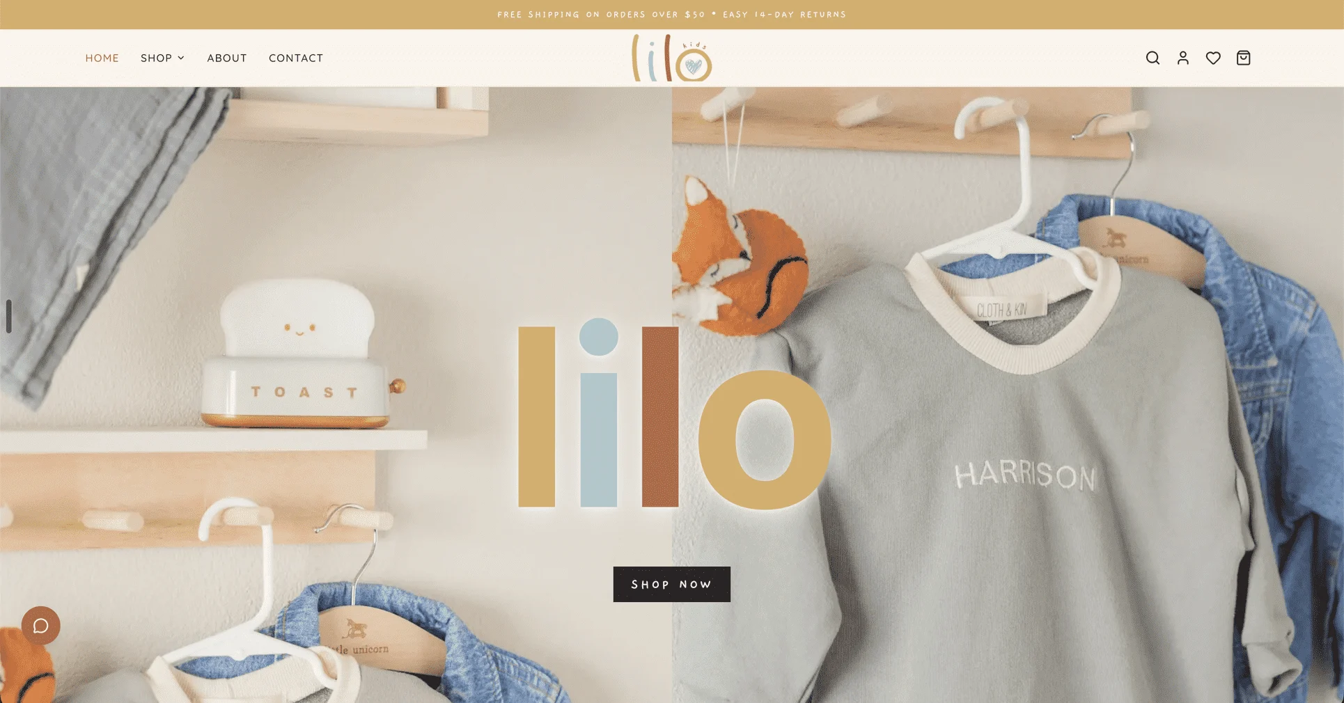 LILO Kids homepage with pastel branding, children’s clothing photography, a large multicolour LILO wordmark and a Shop Now button.