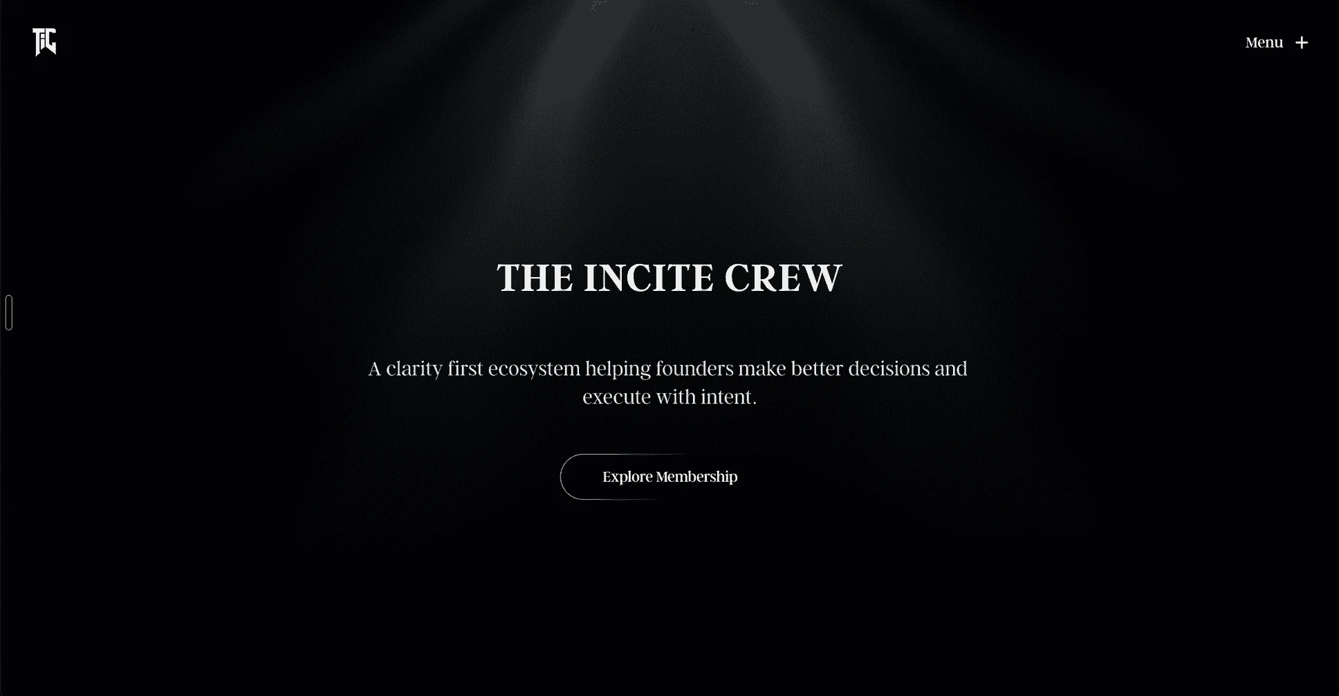 The Incite Crew homepage with a TIC monogram, the YOUR UNFAIR ADVANTAGE headline, a founder-focused introduction and an Explore Membership button on a dark background.