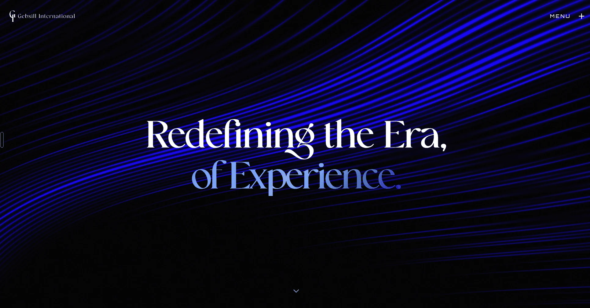 Gebsill International homepage with flowing blue lines on a dark background and the headline Redefining the Era, of Experience.