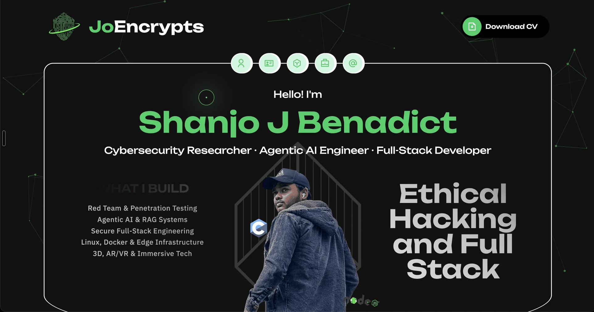 JoEncrypts homepage with green and white typography, Shanjo J Benadict’s portrait, professional introduction, navigation icons and a CV download link on a dark particle background.