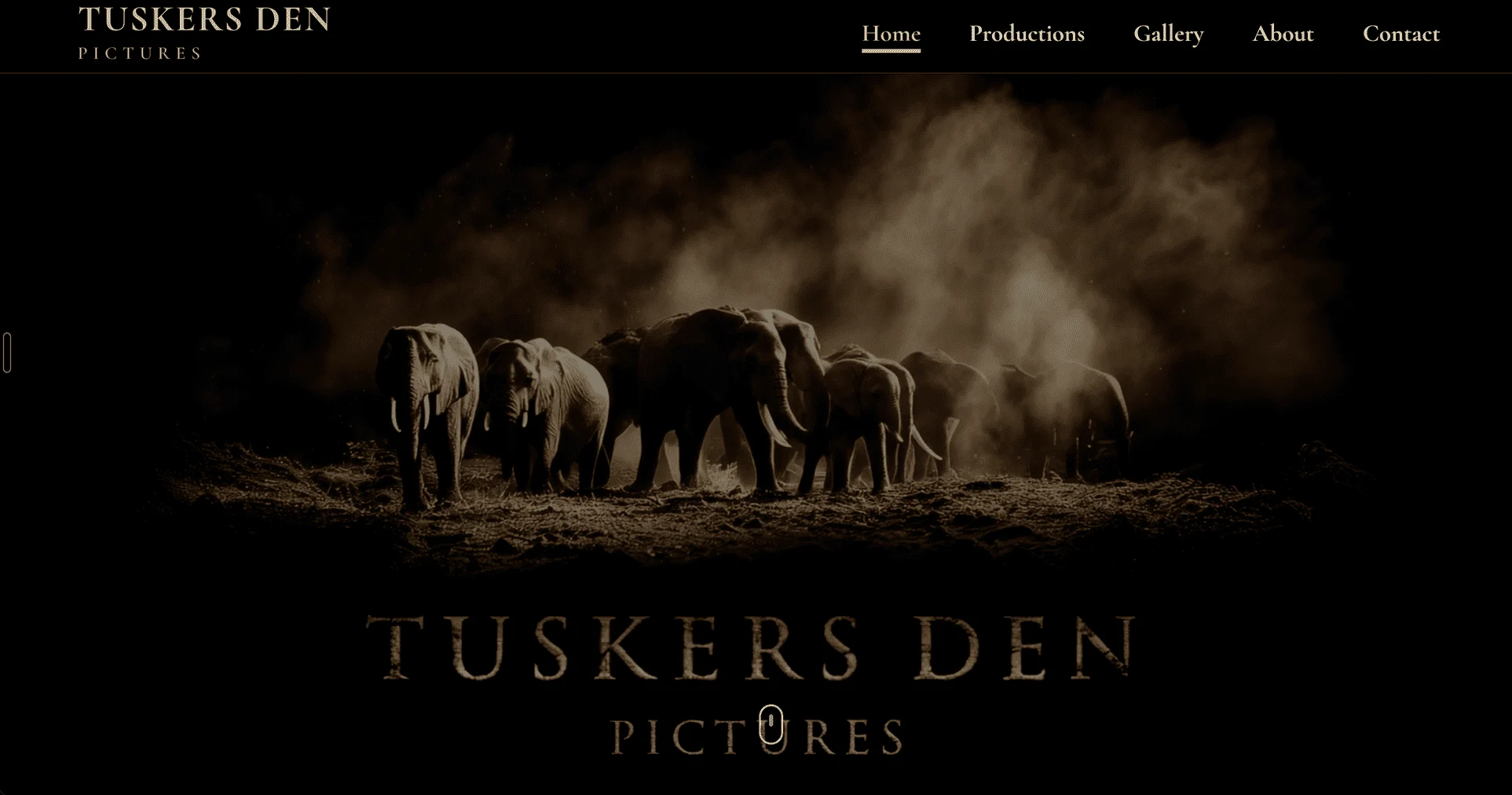 Tuskers Den Pictures homepage with gold branding, navigation and a cinematic elephant scene against a dark background.