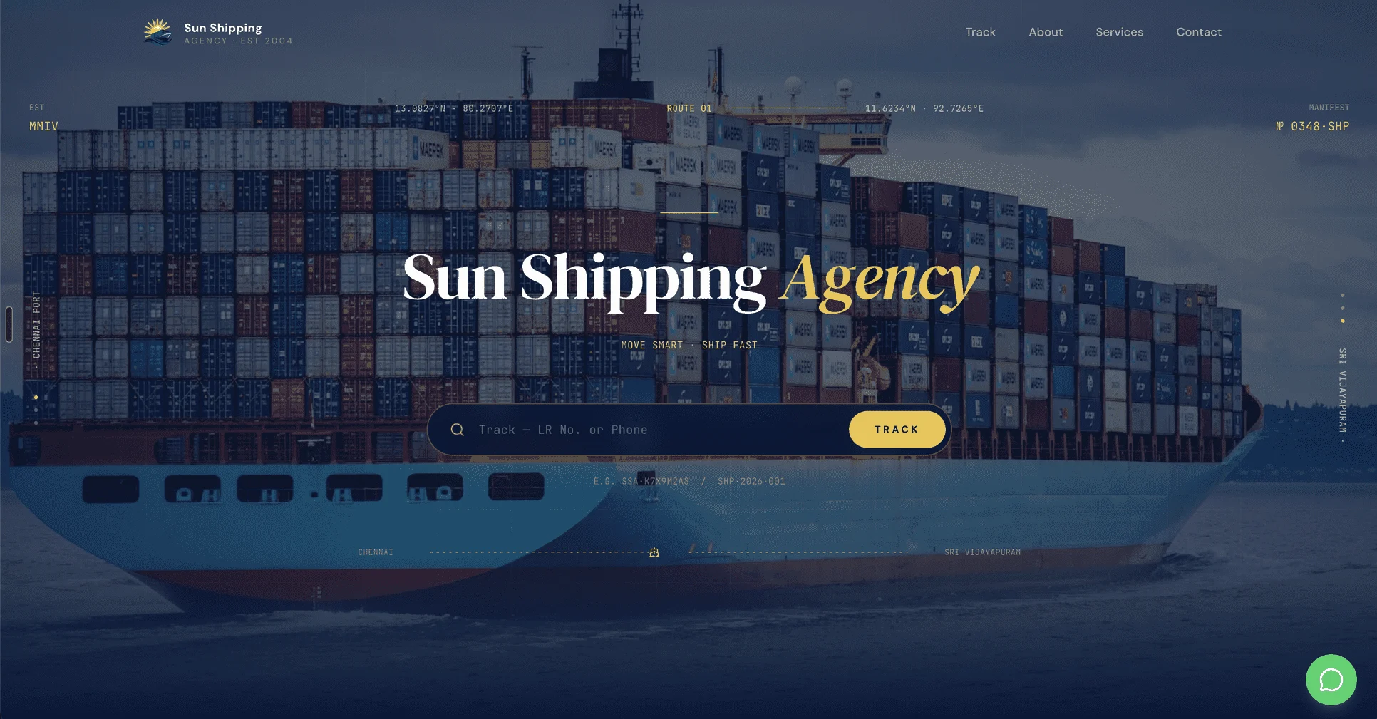 Sun Shipping Agency homepage with a container ship background, blue and yellow styling, and a shipment-tracking search field.